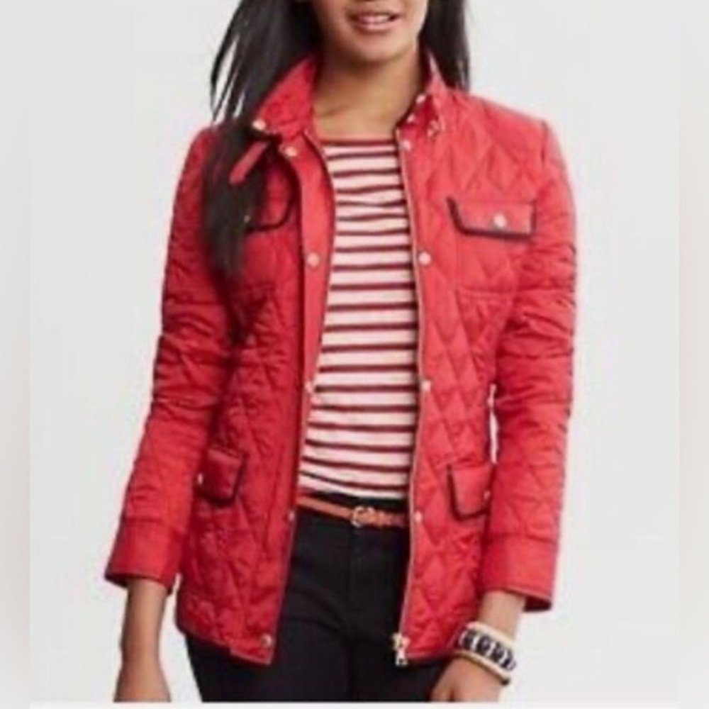 Banana Republic Red Fitted Quilted Jacket w/black trim and gold details Size XS